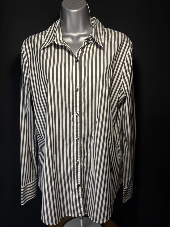 Worthington Tops - Worthington Button Up Collared Cuffed Long Sleeve Shirt Black White Striped (L)